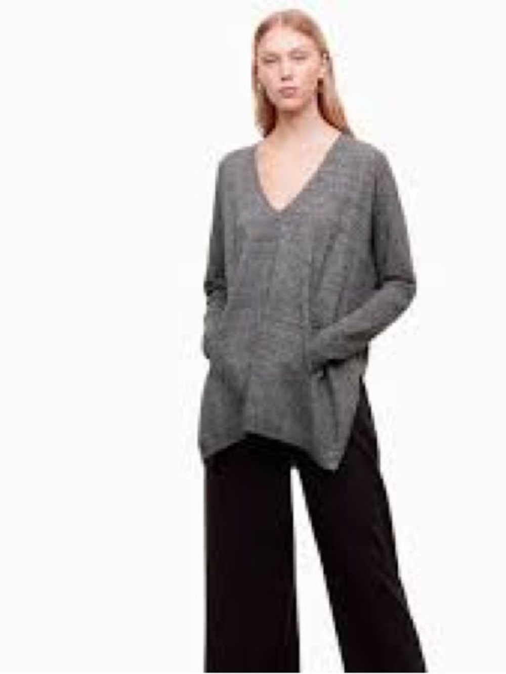 Aritzia Babaton Baylor Sweater V-Neck Relaxed Knit front welt pockets grey